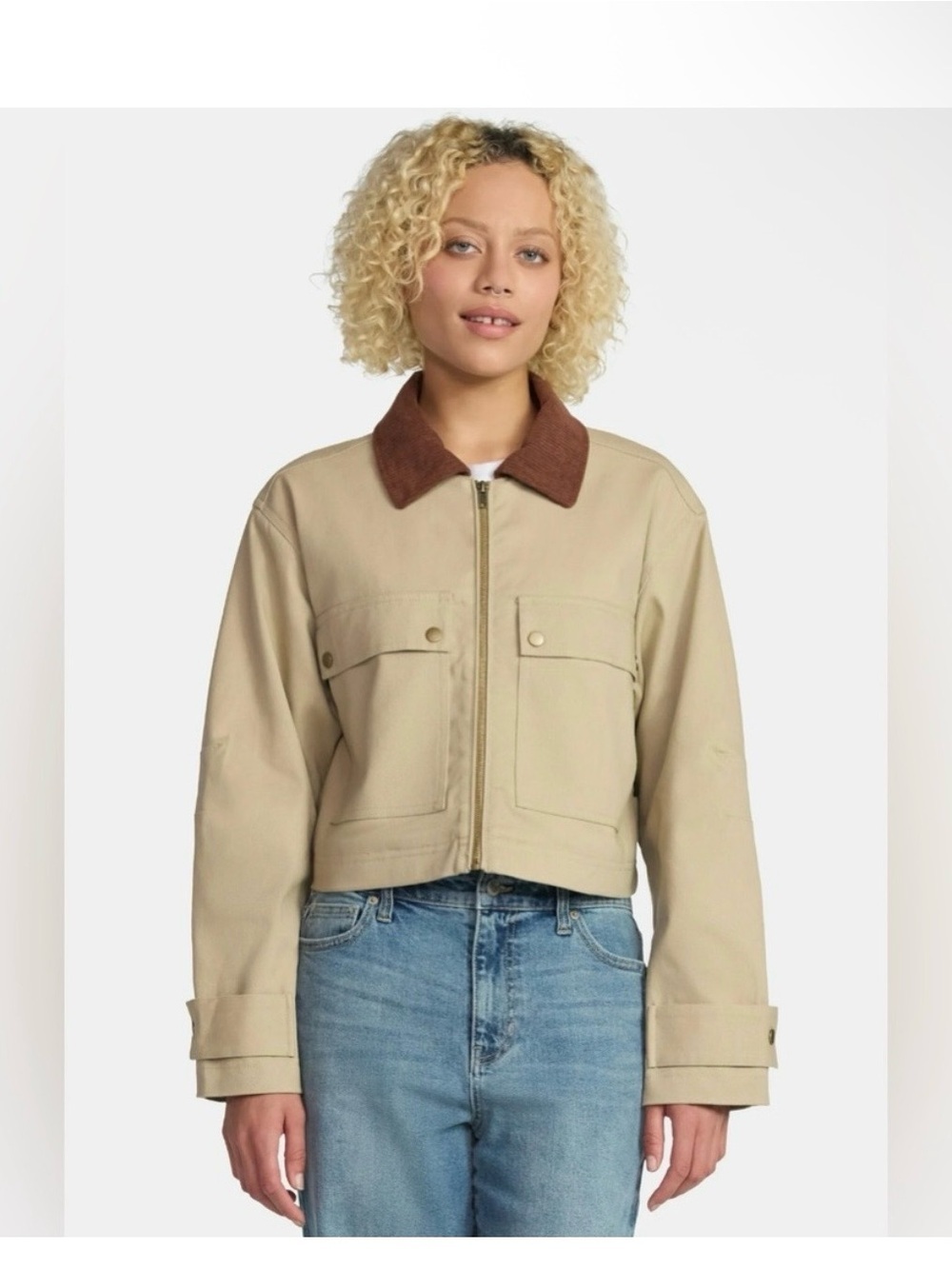 No Boundaries Cropped Canvas Jacket Corduroy Collar.
